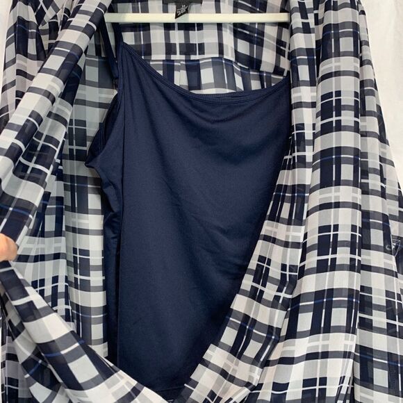 Alfani Navy Plaid Sheer Top with Tank - Picture 3 of 9